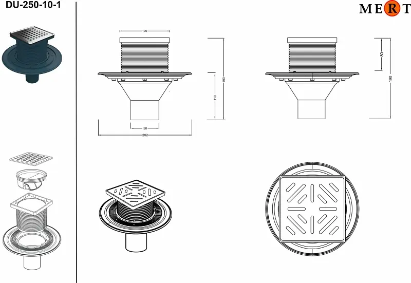 MERT Bodenablauf mit Edelstahlrost und Rahmen (304) senkrechter Ablauf 100x100 mm DU-250-10-1