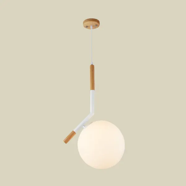 Weiße Glaskugel-Pendelleuchte, modernes 1-Kopf-Hängelampen-Set aus Holz mit abgewinkelter Stange, 11,5"/14,5" geräumig