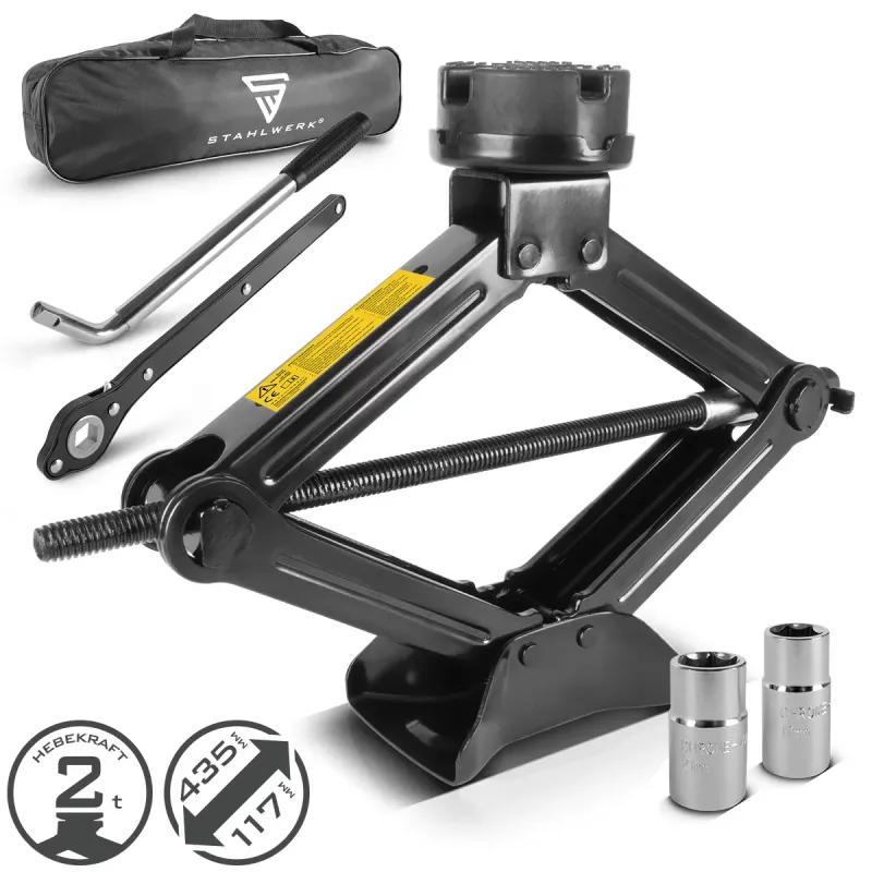STAHLWERK SWH-2 ST car jack | Scissor jack | 2 tons lifting capacity | Telescopic wheel nut wrench socket 17, 19 mm | Tran...