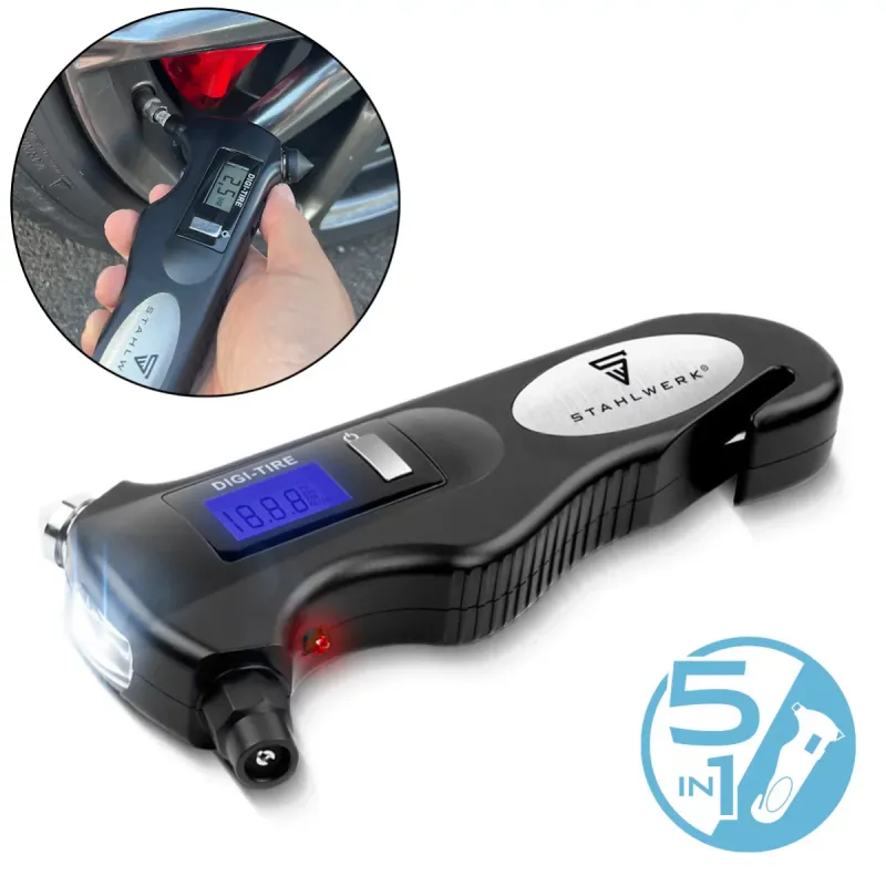 STAHLWERK 5--1 Reifendruckprüfer mit LED-Licht | Digitaler Luftdruckprüfer | Gurtschneider | Notfallhammer | Arbeitsleuc...