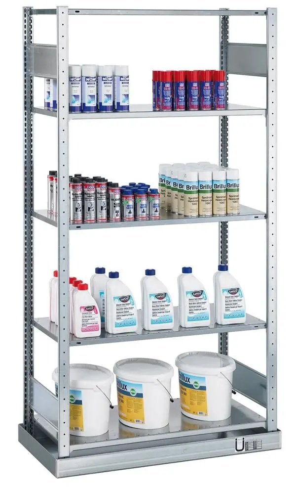 Schulte Anbauregal Kleingebinderegal MULTIplus150 2000 x 1000 x 500 mm verzinkt mit Auffangwanne (Volumen: 33 Liter) und 5...
