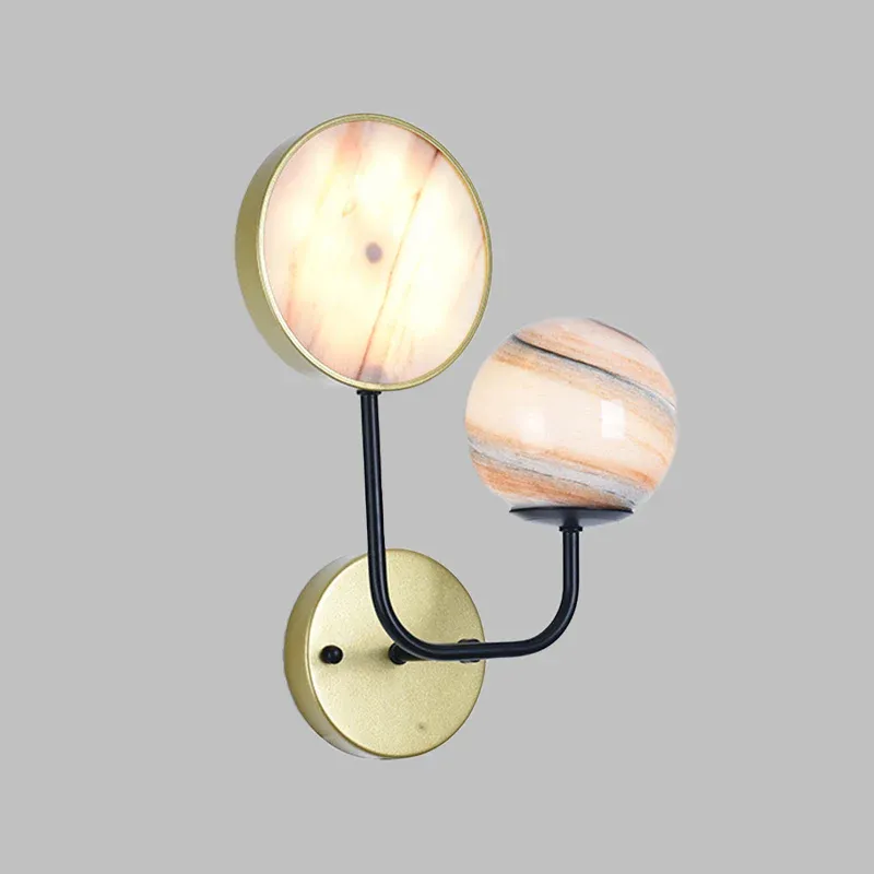 Minimalistische Kugel- und Trommel-Wandleuchte, Planetenglas, 2 Lichter, Nachttisch-Wandleuchte Golden mit abgewinkeltem Arm