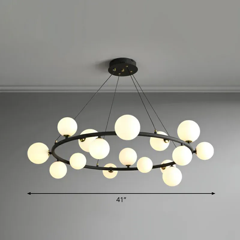 Ring-Kronleuchter aus Metall, moderne, stilvolle Hängelampe mit Kugel-Opalglas-Schirm Komplett-Set mit Controller