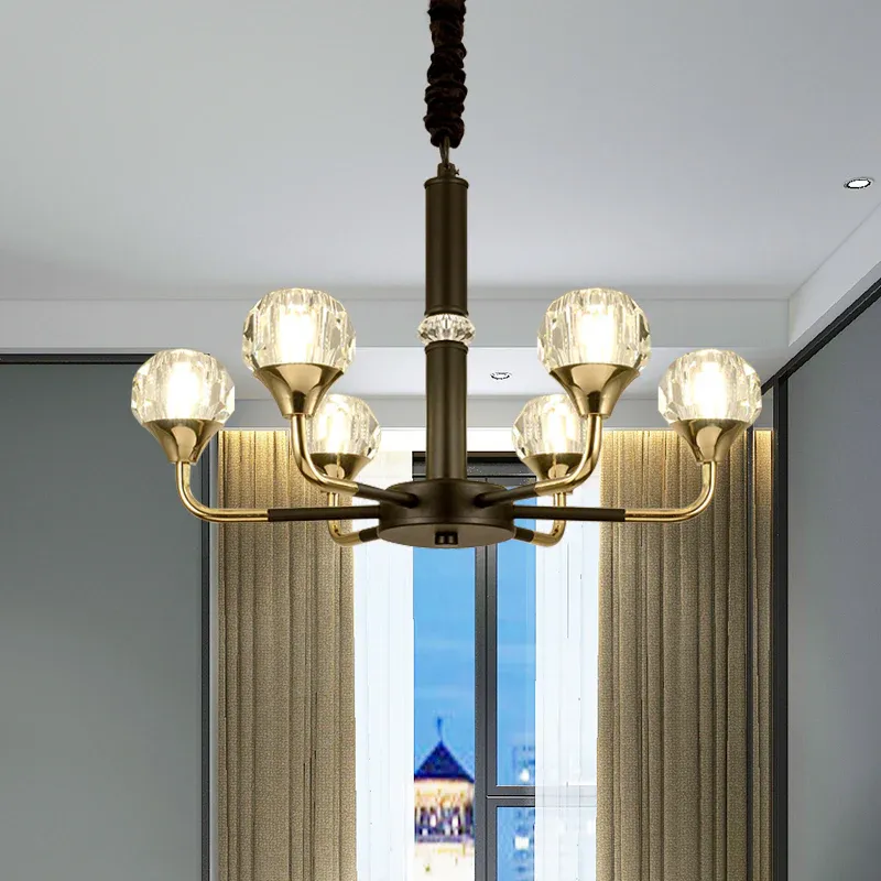 6/8 Köpfe Wohnzimmer-Hängelampe, moderne Kronleuchter-Leuchte Schwarz und Golden mit Kugel-Kristallschirm