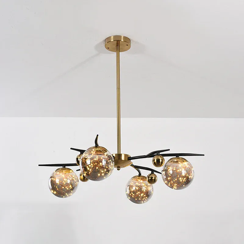 Kugel-Kronleuchter aus Messing mit Glühwürmchen-Design, moderne radiale Hängelampe aus rauchgrauem Glas mit 4/6 Lichtern