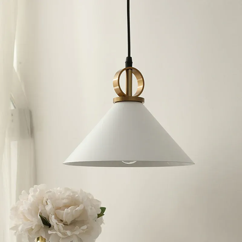 Konische Esstisch-Hängeleuchte aus Metall, 1 Kopf, minimalistische Hängelampe Weiß mit Ringknopf