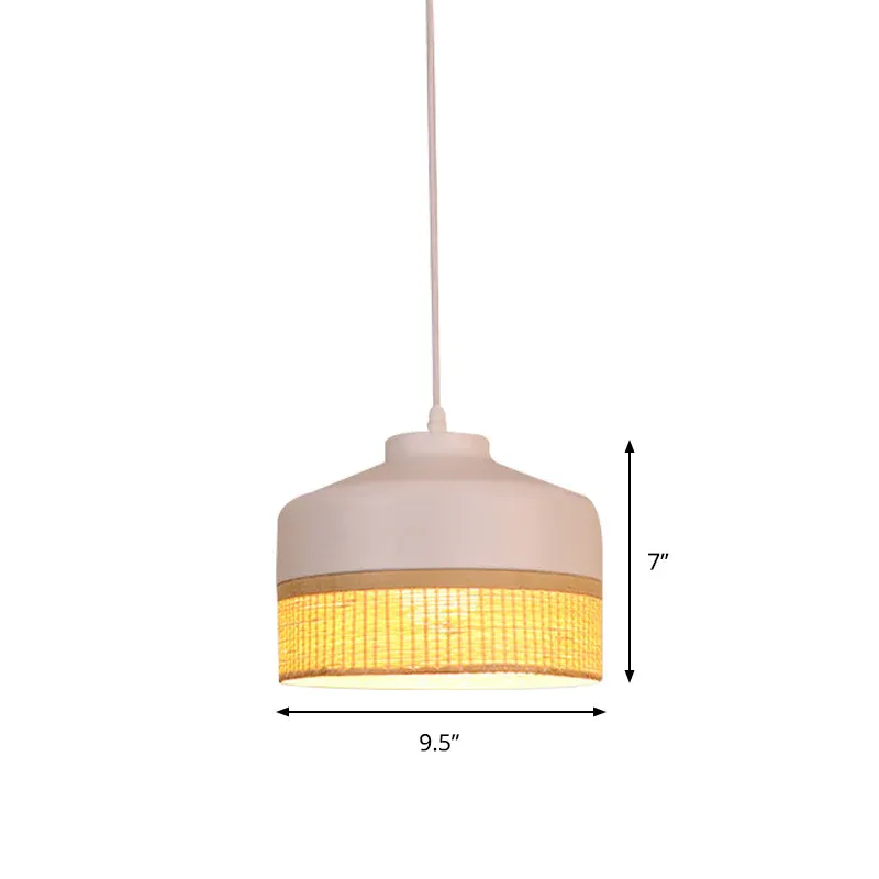 Moderne 1-Licht-Tropfen-Pendelleuchte Weiß und Hellbraun, Altar-Hängelampe mit Bambus-Rattan-Schirm