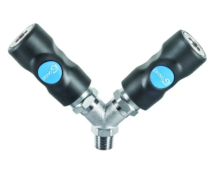 Prevost Y- Verteiler mit konischem Außengewinde und 2 Kupplungen Durchgang 6 mm AG BSPT= R 1/2 ISI 068153