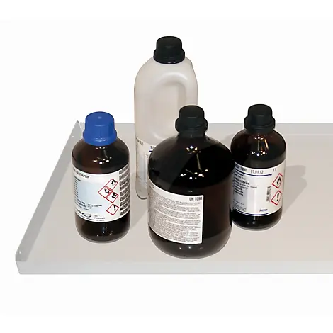 Fachboden Normal für asecos Druckgasflaschenschränke, Stahlblech, lichtgrau, B 1085 x T 340 x H 25 mm, bis 75 kg