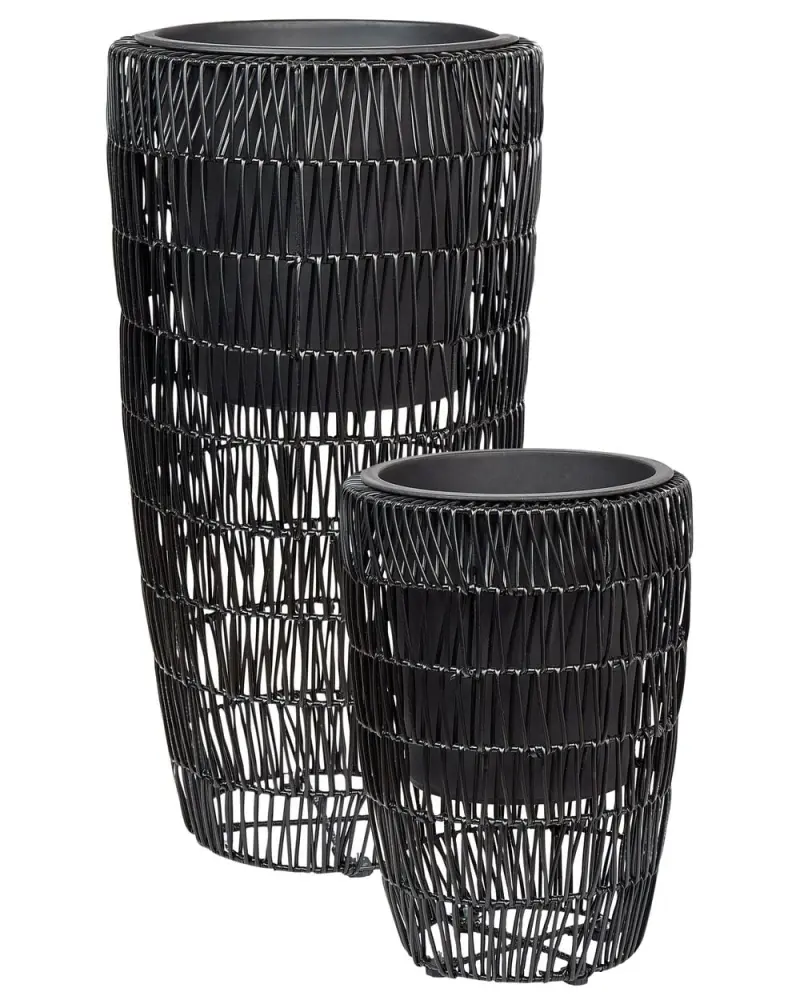 Set mit 2 Blumentöpfen CHELONE PE Rattan 26/34 cm Schwarz | Frostsicher | UV-stabil