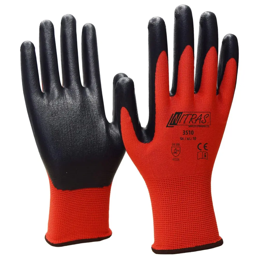 NITRAS Nylonhandschuhe rot Nitrilschaum-Oberfläche schwarz (Farbcode: 6010) Grösse: 9 VE: 144 Paar 3510-9