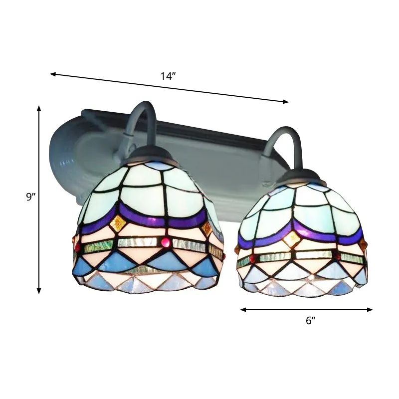 Barocke Wandbeleuchtung mit Schalenschirm, Buntglas-Wandleuchte mit 2 Köpfen Blau für Wohnzimmer