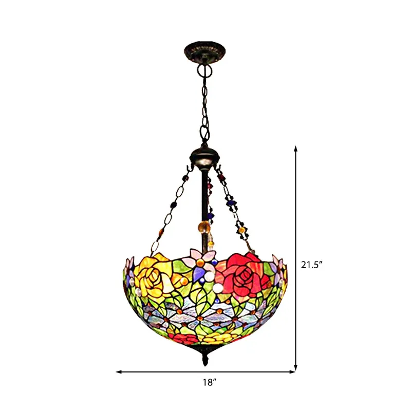 Blumen-Hängelampe, Tiffany, stilvolles Edelstahlglas, 2 Lichter, rote und gelbe Hängependelleuchte mit Schalenschirm