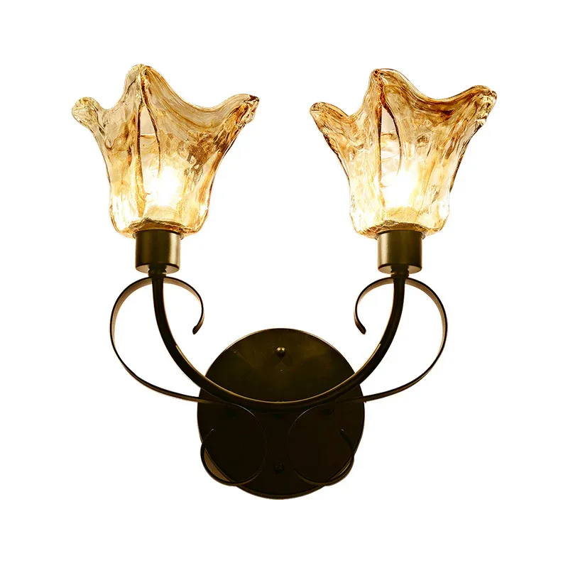Braunes, schwarzes Wandleuchter-Licht mit Blumenmuster, 2 Glühbirnen, traditionelle Wandbeleuchtung mit gebogenem Metallarm