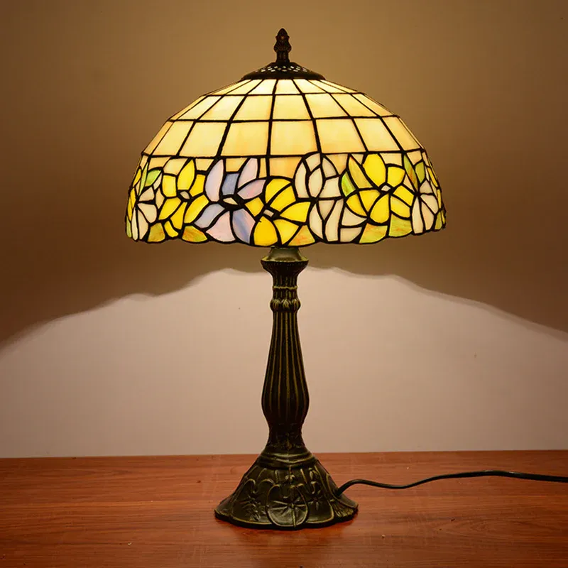 Bronzefarbene Nachtlampe mit gitterförmigem Schalenschirm, Tiffany-Tischlampe mit 1 Glühbirne, geschliffenem Glas und Bl...