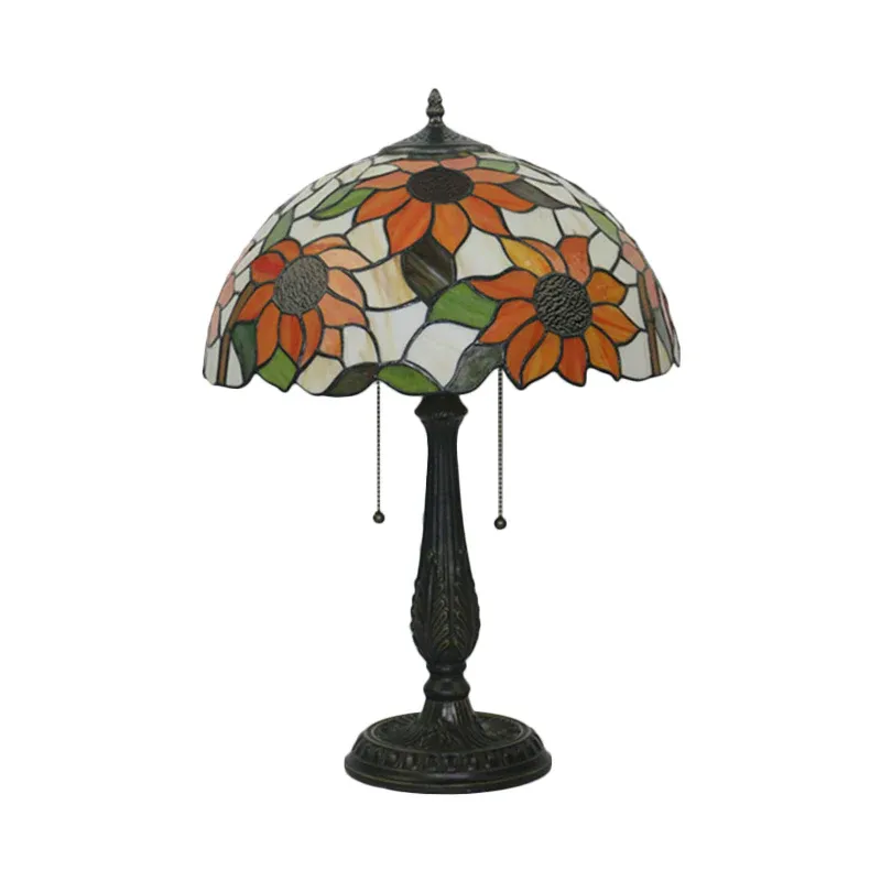 Bronzene Nachttischlampe mit 2 Köpfen, viktorianische geschliffene Glaskuppel-Schreibtischlampe mit Zugkette und Sonnenbl...