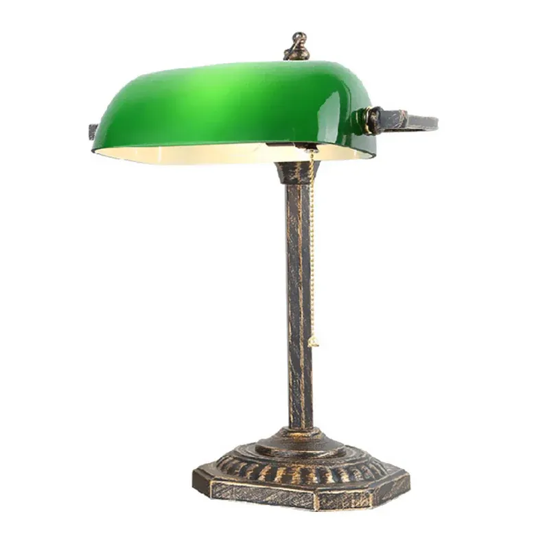Bronzene rechteckige Nachttischleuchte, traditionelles grünes Glas, 1 Glühbirne, Schlafzimmer-Lesebuchlampe mit Zugkette