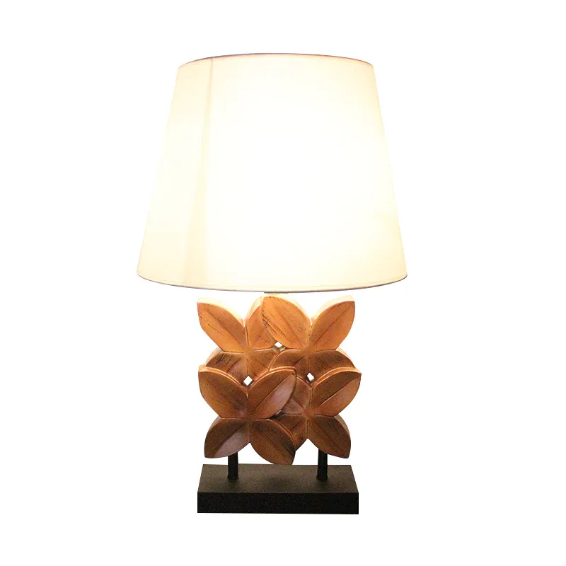 Empire Shade Tischbeleuchtung, Retro-Stoff, 1 Glühbirne, weiße Nachttischlampe mit holzgeschnitztem Blattsockel