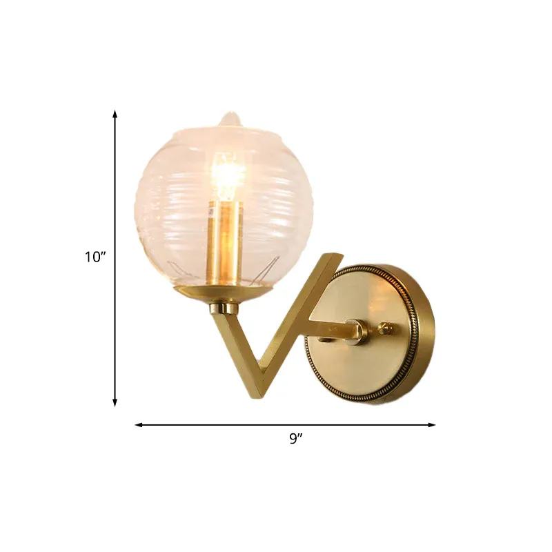 Globale 1/2-Kopf-Korridor-Wandleuchte im Kolonialstil aus klarem, geripptem Glas Golden mit V-förmigem Metallarm