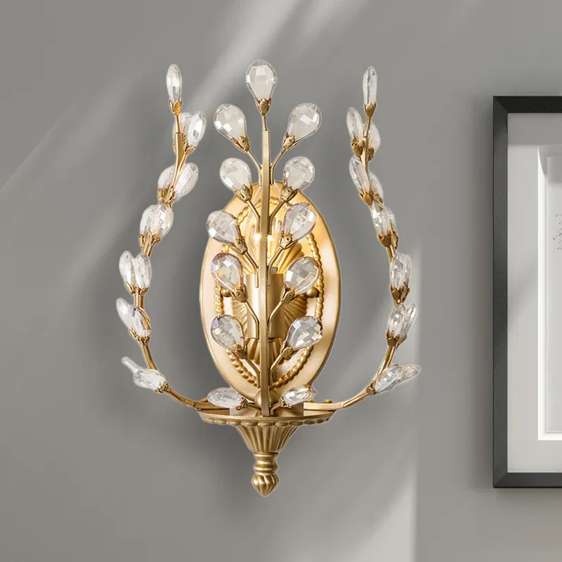 Goldene Rankenwandlampe mit bernsteinfarbenem/klarem Kristallblatt, moderne 1-flammige Wandleuchte aus Metall für das Woh...