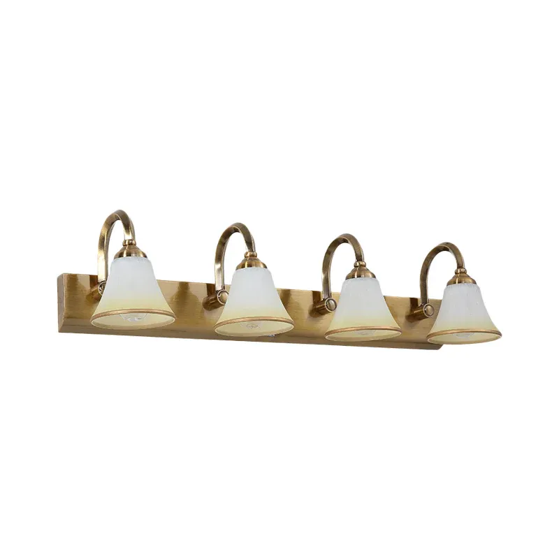 Goldfarbene 2/3/4-Glühbirnen-Waschtischleuchte im Vintage-Stil mit Glocke aus Opalglas und wandmontierter Beleuchtung mit...
