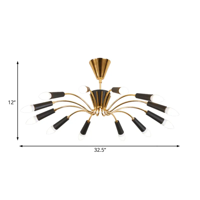 Goldfarbener Radial-Kronleuchter, modernistische, mehrflammige Metall-Hängelampe mit gebogenem Arm
