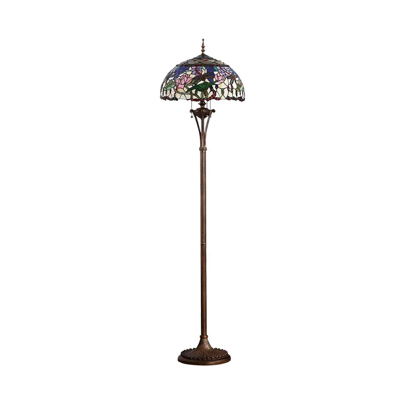 Grüne Kuppel-Stehleuchte im Vintage-Stil, 3 Glühbirnen, Buntglas-Zugkette, Stehleuchte mit Blumen- und Libellenmuster