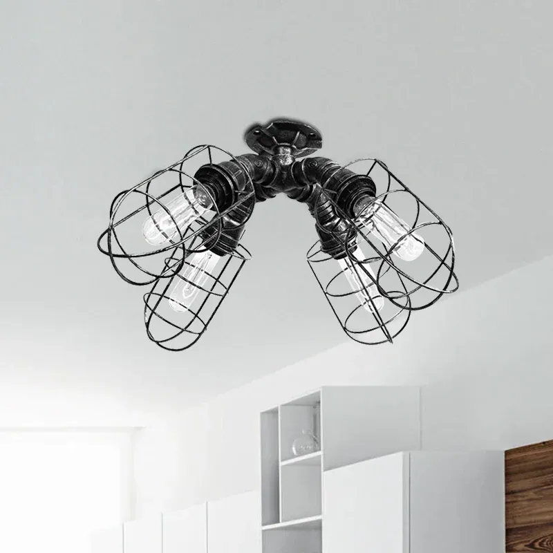Halbbündige Deckenleuchte für Schlafzimmer im Käfig, rustikale Industrie-Eisen-Deckenleuchte mit 4 Glühbirnen Bronze/A...