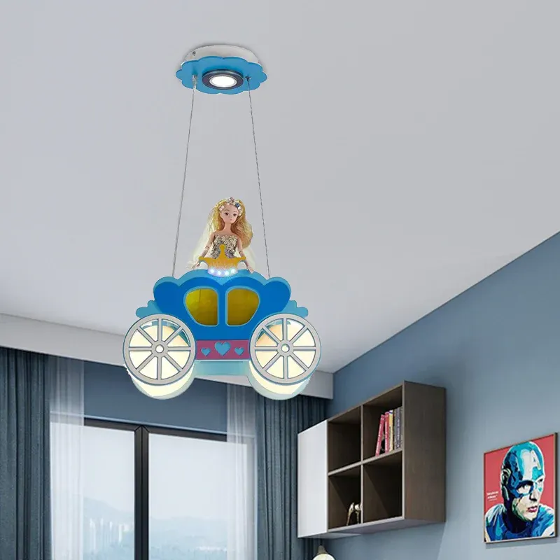 Holz-Auto-Pendelleuchte mit Prinzessin-Mädchen-Schlafzimmer, zwei Lichtern, Cartoon-Kronleuchter Blau