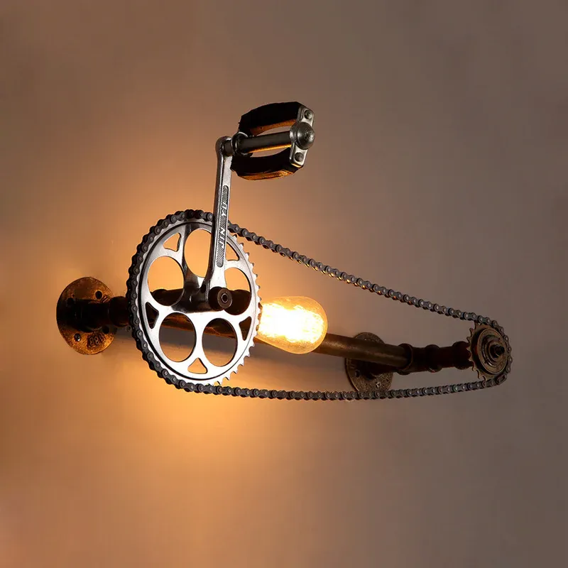Industrielle Wandleuchte aus Metall, bronzefarbene Wandleuchte Fahrradkettenform mit Wasserrohr, 1 Glühbirnenkopf für Bar