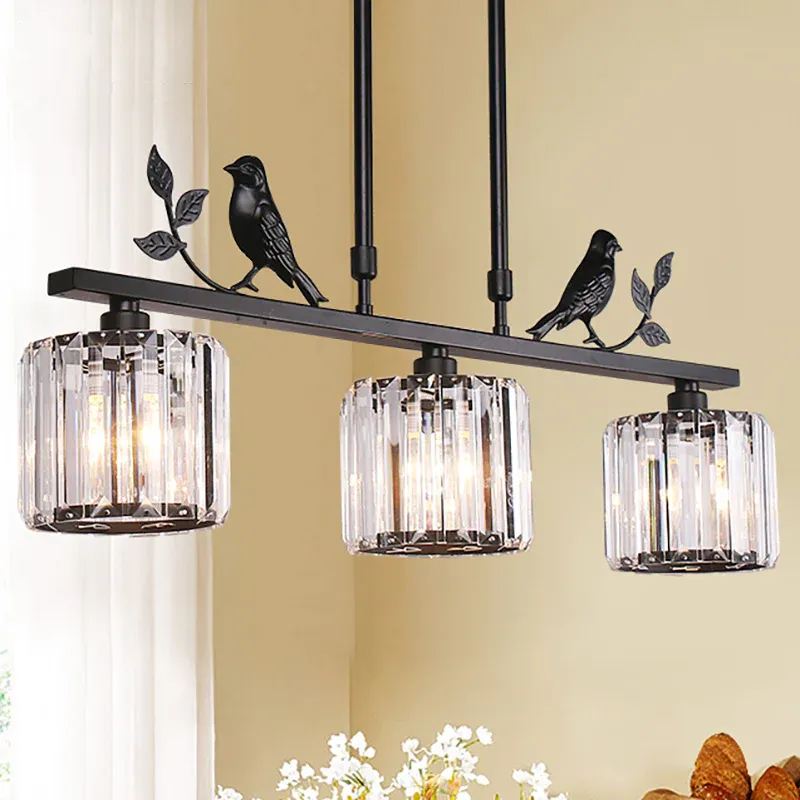 Klare Kristall-Trommelschirm-Kronleuchterlampe, moderne Hängeleuchte mit 3 Köpfen und Vogelakzent Schwarz/Gold