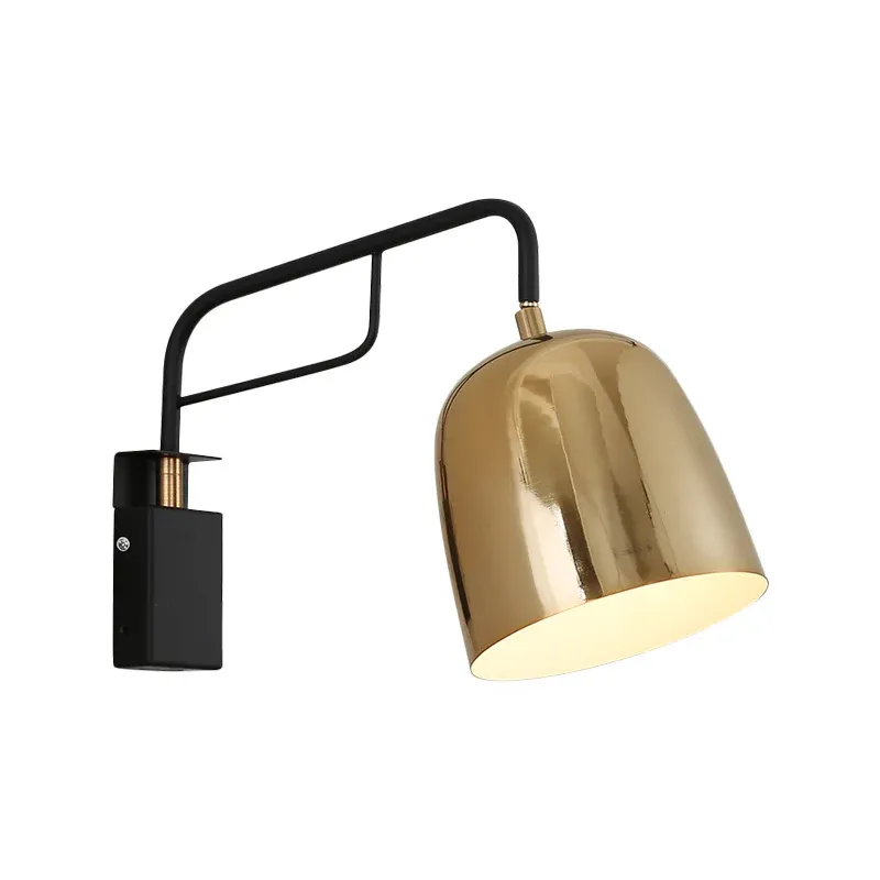 Kuppel-Wandleuchte, postmoderne Wandleuchte aus Metall, 1 Glühbirne, Schwarz und Golden, mit gebogenem Arm