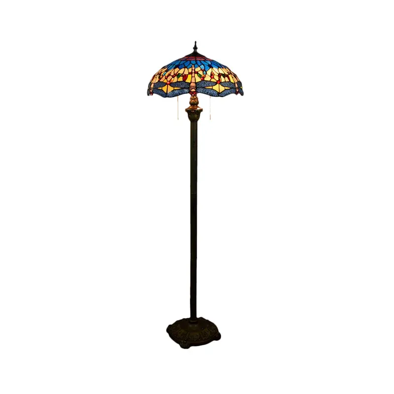 Libellen-Stehleuchte, 2 Köpfe, Buntglas, mediterrane Stehleuchte Blau mit Schalenschirm