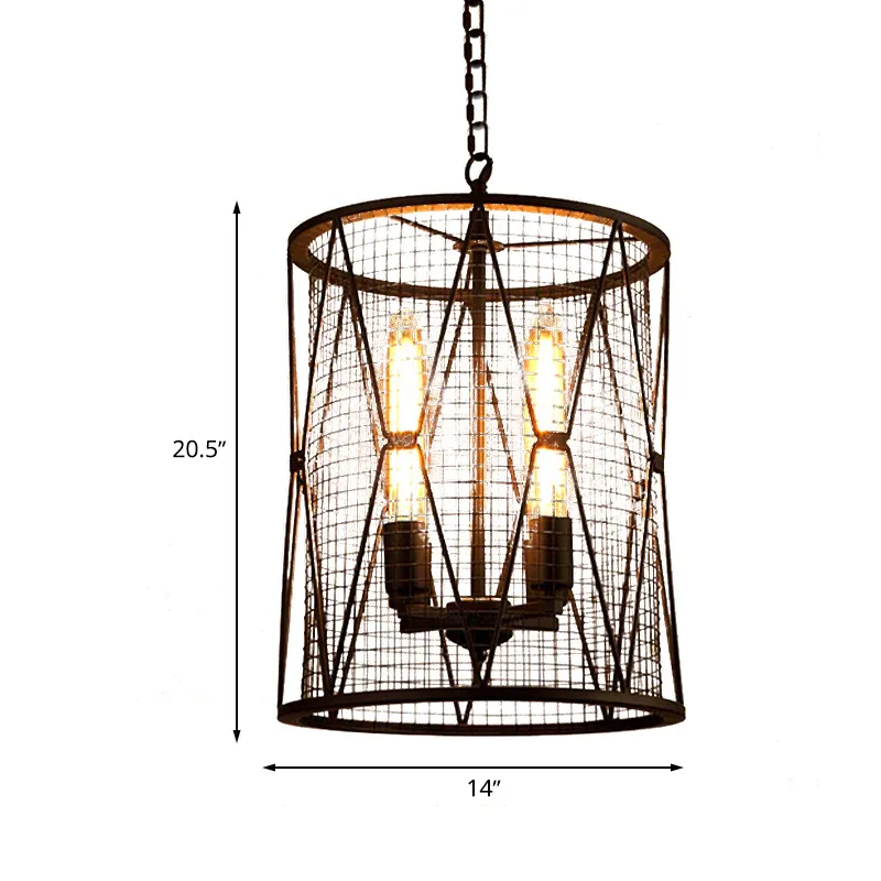 Mesh-Zylinder-Metallschirm-Pendelleuchte, Bauernhaus, 4 Glühbirnen, Restaurant-Kronleuchter, Pendelleuchte Schwarz