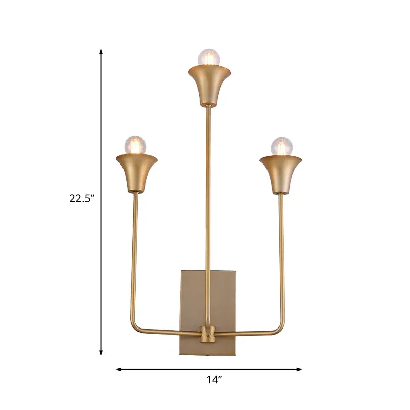 Metallglocken-Wandleuchte, luxuriöse 3-flammige Schlafzimmer-Wandbeleuchtung Golden mit geradem Arm
