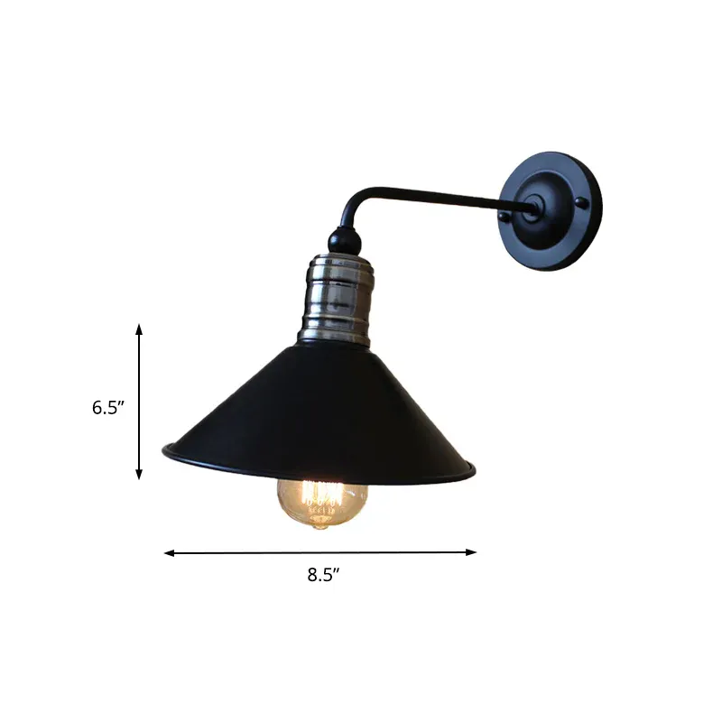 Metallische konische Wandbeleuchtung im Vintage-Stil, 1-flammige Schlafzimmer-Wandleuchte mit gebogenem Arm Schwarz