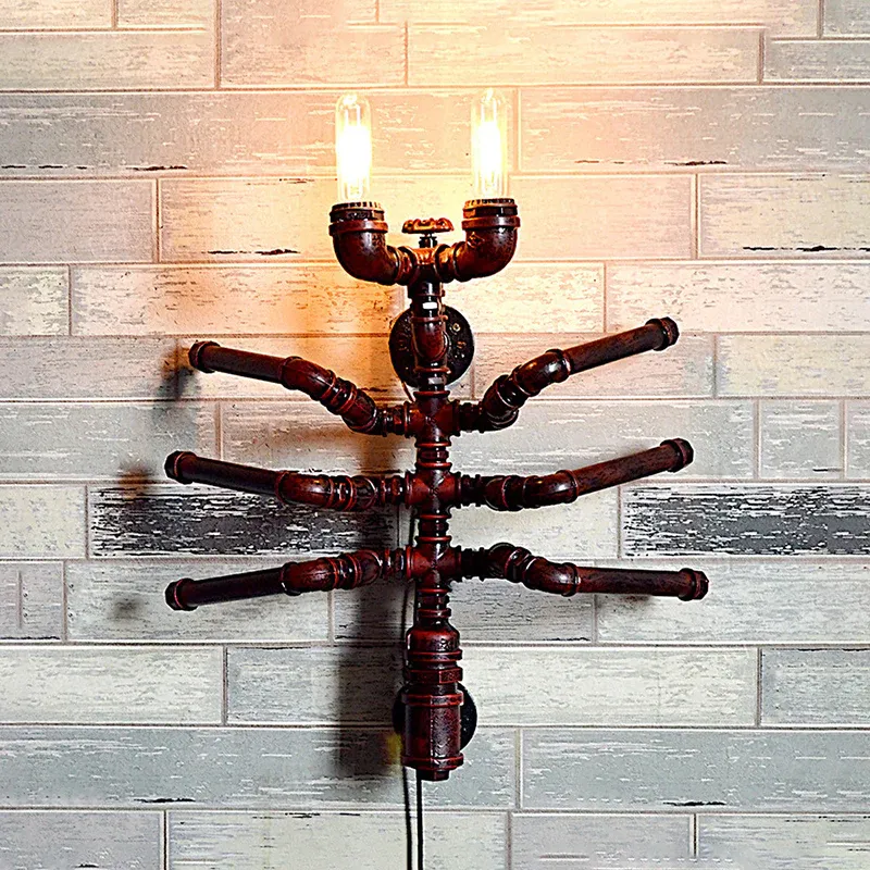 Metallische Wandbeleuchtung im Spinnen-Design mit Sanitärrohr, Restaurant-Wandleuchte im antiken Stil, 2 Glühbirnen, Rost