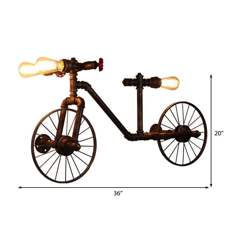 Metallische Wandleuchte Fahrradform mit Rohr, Bauernhaus, 3 Lichter, Wohnzimmer-Wandleuchte, Leuchte Antik-Bronze