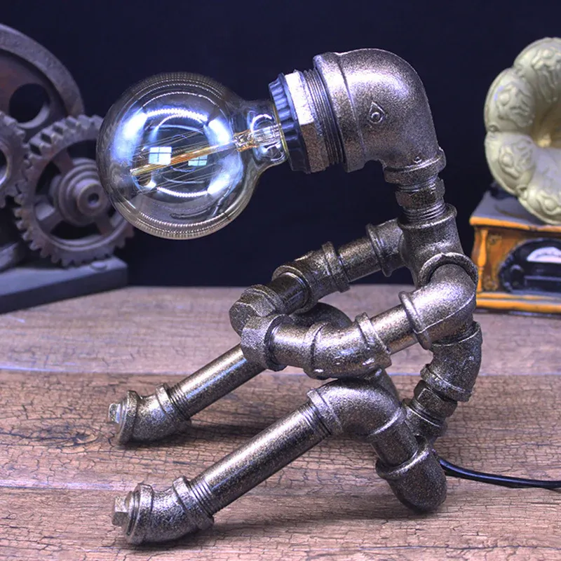 Metallisch-silberne Tischbeleuchtung, industrielle Nachttischleuchte „Robot Pipe“, 1-flammig, mit freiliegendem Glühb...