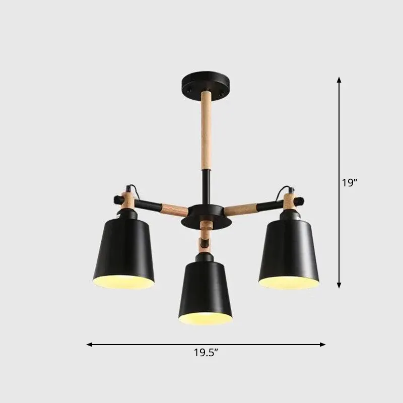 Radialer Macaron-Kronleuchter aus Holz mit kegelförmigem Metallschirm für Wohnzimmer
