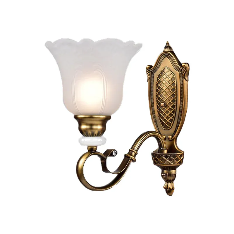 Retro-Wandleuchte mit Blumenmuster, 1/2-flammig, Wandleuchte aus weißem Glas mit gebogenem Metallarm Antikbronze