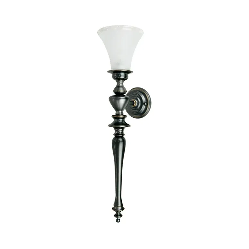 Schwarze, ausgestellte Wandleuchte, Retro-Wohnzimmer-Wandleuchte aus cremefarbenem Glas mit 1 Kopf und linearem Metallarm