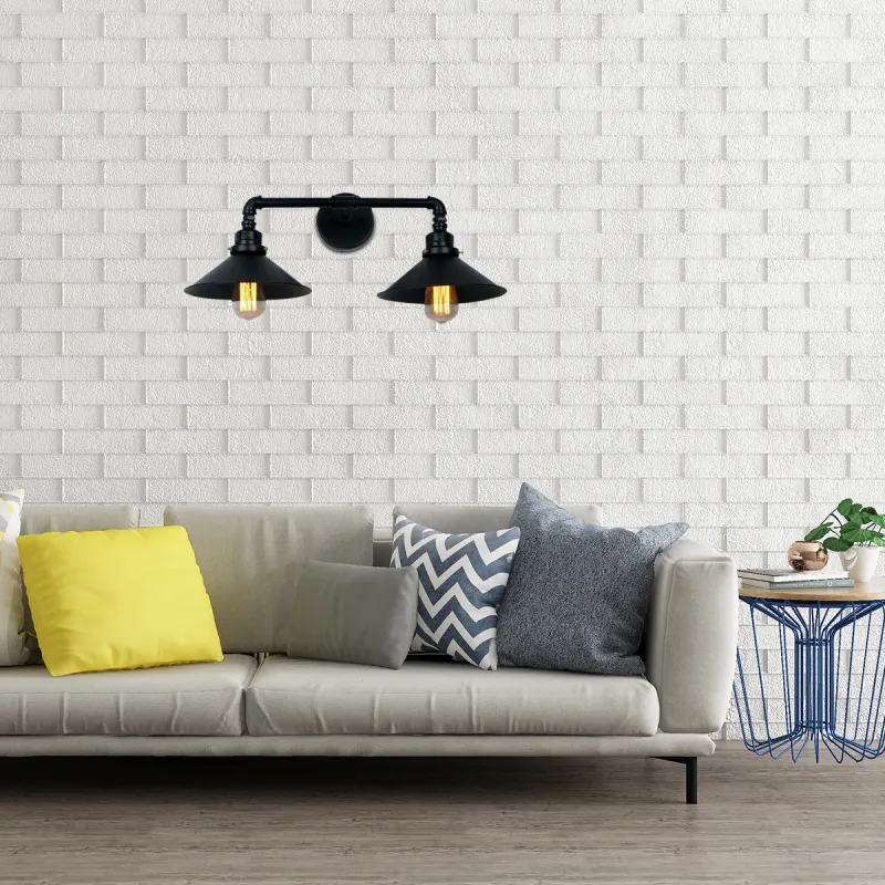 Schwarze kegelförmige Wandbeleuchtung, Industrie-Metall-Wohnzimmerleuchte mit 2 Lichtern und runder Rückplatte