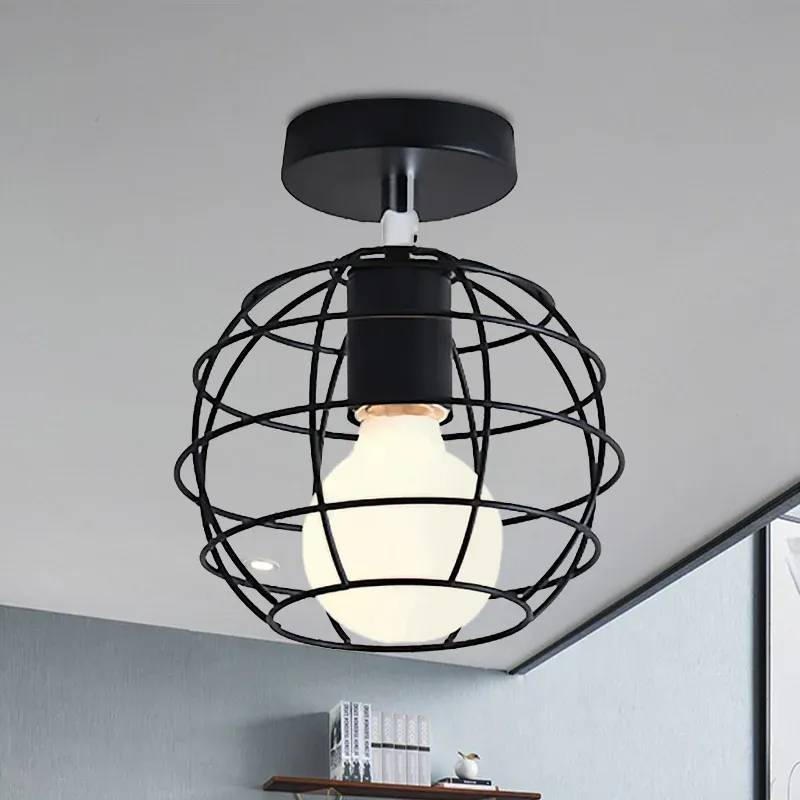 Schwarze kugelförmige/ovale, halbbündige Pendelleuchte mit Käfigschirm, Industrie-Eisen, 1 Licht, Korridor-Deckenbeleuc...