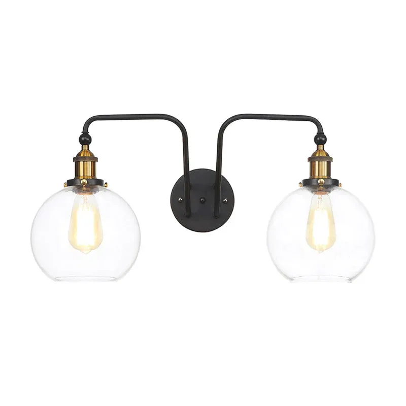 Schwarze Kugel-/Schalen-Wandleuchte im industriellen Stil, klares Glas, 2 Lichter, Esszimmer-Wandbeleuchtung
