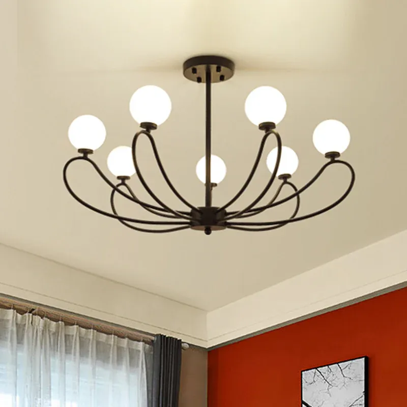 Schwarzer Kronleuchter mit gebogenem Arm und Orbit-Schirm, 8 Lichter, moderne G4-Pendelleuchte aus Metall