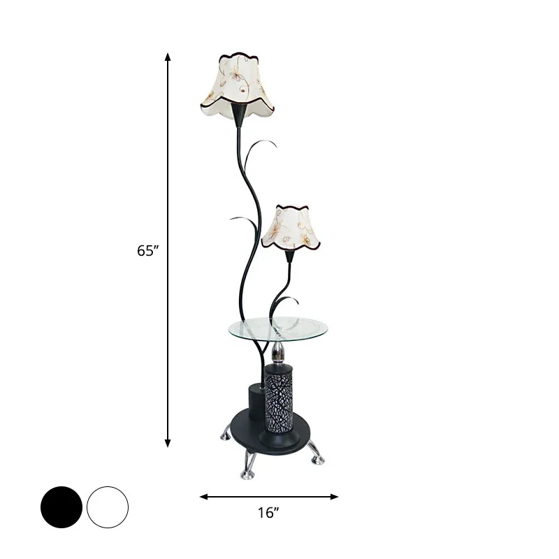 Schwarz/weiße Stehleuchte mit 2 Glühbirnen, Landhausstil, Eisenzweig-Design, Stehlampe mit Blumenschirm