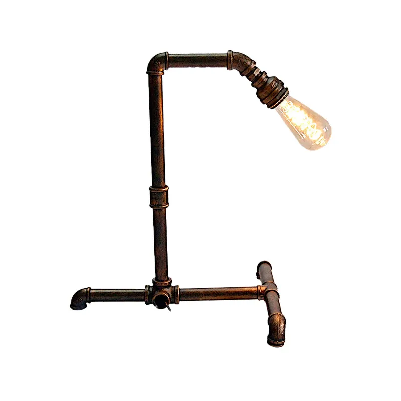 Tischlampe aus gebogenem Rohr mit 1 Glühbirne, Bauernhaus-Nachtbeleuchtung aus rostfarbenem Metall mit Steckkabel