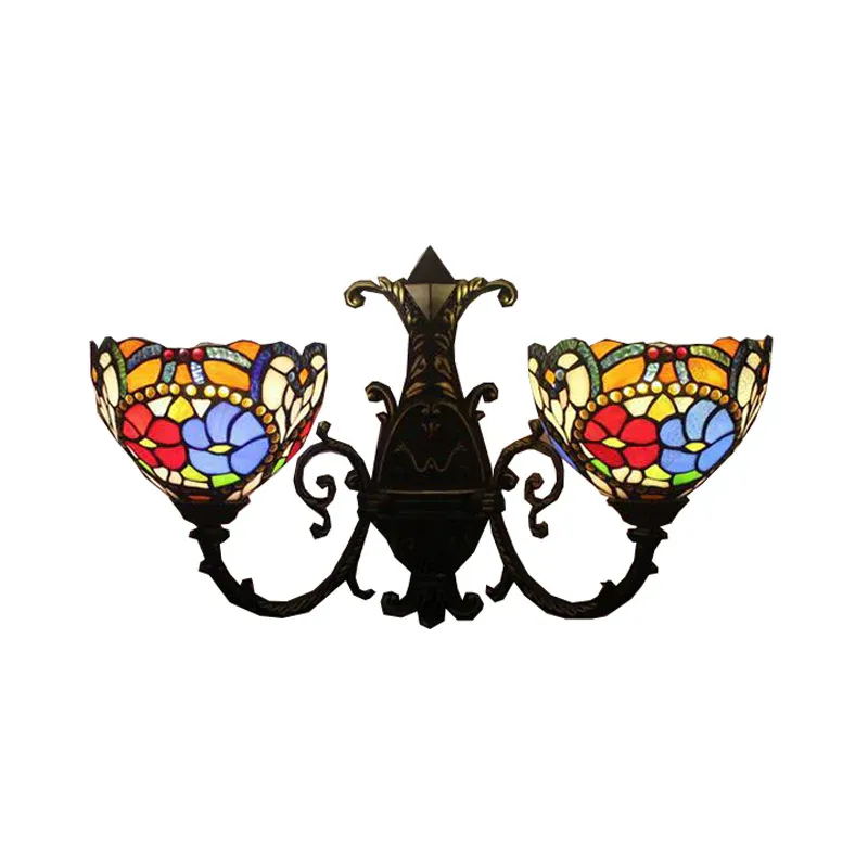 Viktorianische Blumen-Wandleuchte mit 2 Lichtern, Buntglas-Wandbeleuchtung Antik-Bronze für Schlafzimmer
