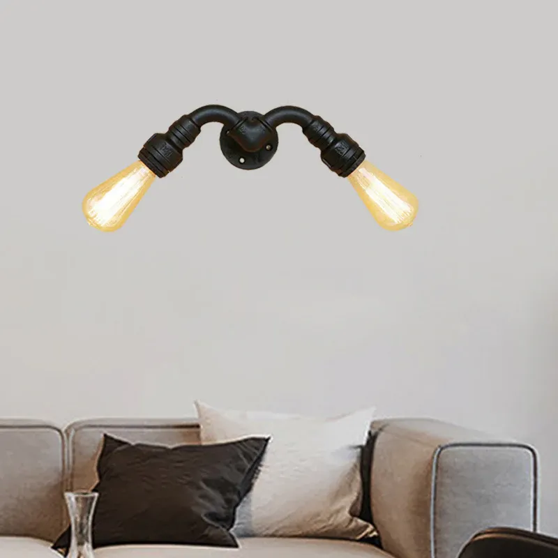 Vintage-Stil, nackte Glühbirne, Wandleuchte mit Rohrdesign, 2 Köpfe, metallische Wandleuchte Schwarz für den Innenbereich